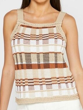 Banana Republic Women's Small Crochet Plaid Knit Tank Top - Beige & Brown | EUC